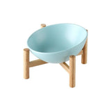 Gamelle pour chat design en porcelaine et céramique avec support en bois bleu
