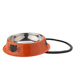 Gamelle pour chat design en inox avec tête de chaton colorée orange avec son socle antidérapant noir
