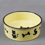 Gamelle pour chat design en céramique colorée de forme arrondie jaune avec motif de chat