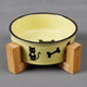 Gamelle pour chat design en céramique colorée de forme arrondie jaune avec motif de chat avec socle en bois de qualité supérieur