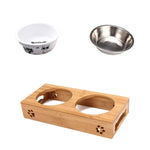 Gamelle pour chat design 1 bol en inox 1 bol en céramique et 1 socle en bois